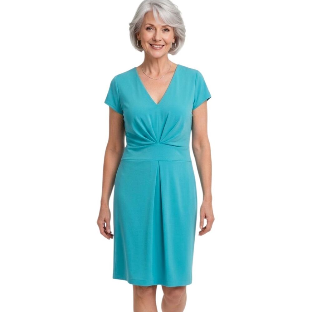 Talbots Turquoise Pleated V-neck Cap Sleeve Dress Size 14
